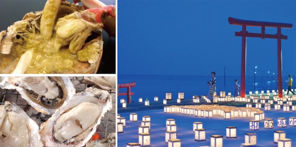 일본 사가현 다라쵸는 한적하게 온천욕을 즐기며 다양한 해산물을 맛볼 수 있는 떠오르는 일본 소도시 여행지 중 하나다. 사진은 다라쵸 특산물인 다케자키게(왼쪽 위)와 다케자키굴(왼쪽 아래). 8월에 진행되는 센노 등롱 축제(오른쪽) ⓒ일본 사가현