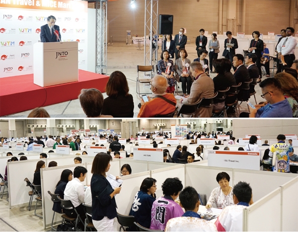 10월24일부터 26일까지 오사카 인텍스에서 개최된 VJTM에는 33개국의 해외 바이어 330개사와 일본 국내 셀러 360개사가 참가해 약 1만3,000여건의 사전 매칭 미팅과 현장 자유 상담을 진행했다. JNTO 사토시 세이노 회장이 VJTM 개회식에서 기조 연설을 하고 있다