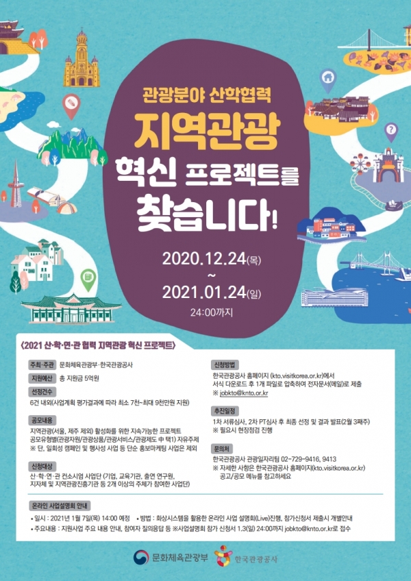 한국관광공사는 지역관광 혁신 프로젝트를 1월24일까지 공모한다./한국관광공사