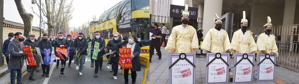 합당한 여행업 지원을 요구하는 시위가 계속되고 있다. 1월9일 청와대 앞(왼쪽)과 지난해 7월20일 기획재정부 앞 시위 / 여행신문CB, KATA