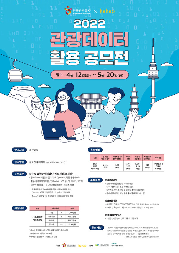 한국관광공사가 카카오와 함께 4월12일부터 5월20일까지 '2022 관광데이터 활용 공모전'을 개최한다 / 한국관광공사