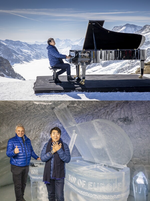 피아니스트 랑랑이 지난 14일 스위스 융프라우요흐에서 단독 피아노 연주회를 열었다(위). 융프라우철도는 이번 연주회를 기념해 정상에 위치한 얼음궁전에 랑랑의 피아노 얼음 동상을 설치했다(아래) / 융프라우철도