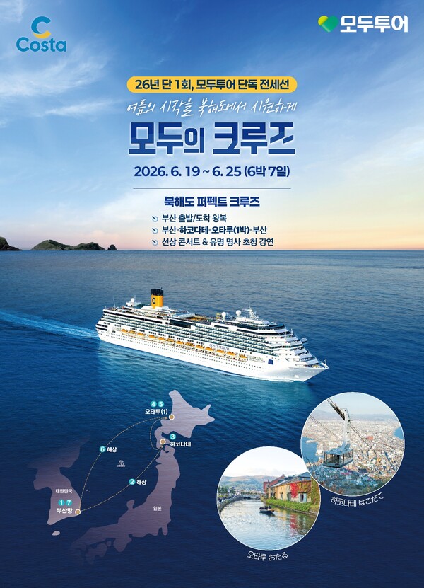 모두투어가 6월19일 6박7일 일정으로 ‘모두의 크루즈’를 선보인다. 부산에서 출발해 다시 부산으로 돌아오는 국내 출발·도착 노선에 일본 홋카이도의 대표 항구 도시 하코다테와 오타루를 연결한 것이 특징이다 / 모두투어