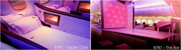 어퍼 클래스(왼쪽)와 기내에서 타 승객과 교류할 수 있는 전용 ‘바(Bar)’ 공간(오른쪽) / 버진 애틀랜틱 