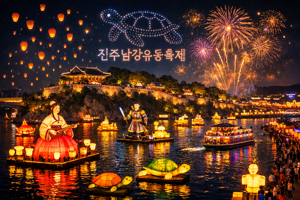 진주남강유등축제는 임진왜란 진주성 전투에서 남강에 등불을 띄워 병력 간 신호를 주고받았던 역사에서 비롯된 축제다 / AI 생성 이미지
