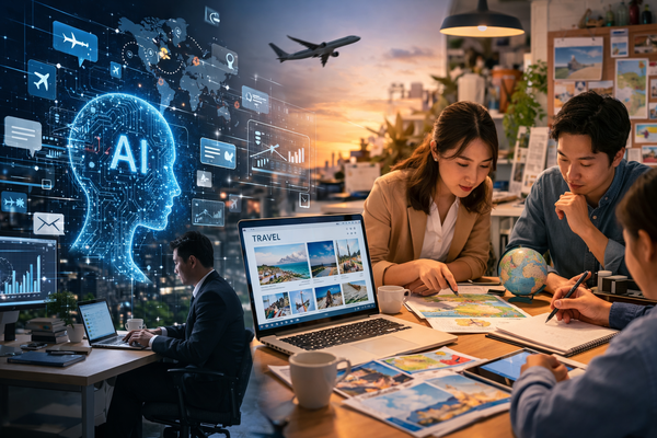 AI 확산에 대한 국내 대형 여행사들의 공식 입장은 지금까지 신중하다 / AI 생성 이미지