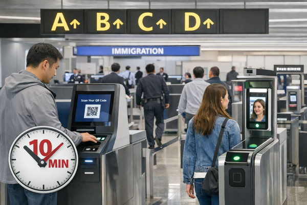 현재 간사이 국제공항 입국장에 설치된 키오스크는 정보를 확인한 후 개인별로 A·B·C·D 중 하나의 알파벳 경로를 지정해준다 / AI 생성 이미지