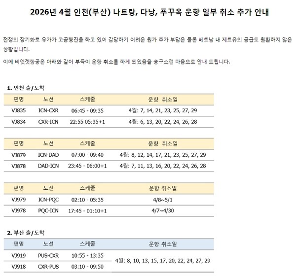 비엣젯항공이 원가 추가 부담과 항공유 공급이 원활하지 않은 상황 속 한국 주요 노선의 4월 일부 날짜를 비운항하기로 공지했다 / 화면 캡쳐 
