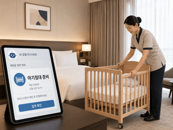 호텔 전문 AI 에이전트는 투숙객의 예약 메모를 읽어 ‘아기 침대’, ‘엑스트라 베드’ 같은 요청을 찾아내고 하우스키핑 시스템에 자동으로 할 일을 등록한다 / AI 생성 이미지